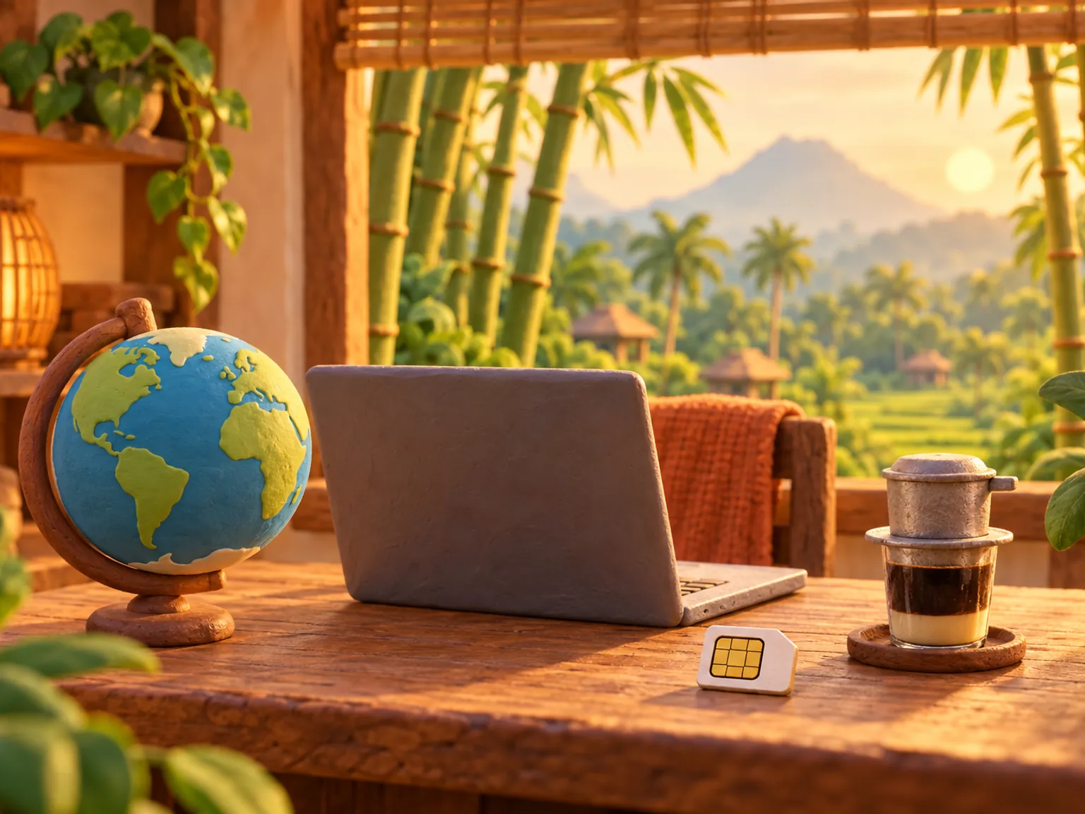 Illustration: a travel studio desk with a laptop, a plain globe, a SIM card and a cup of Vietnamese coffee.