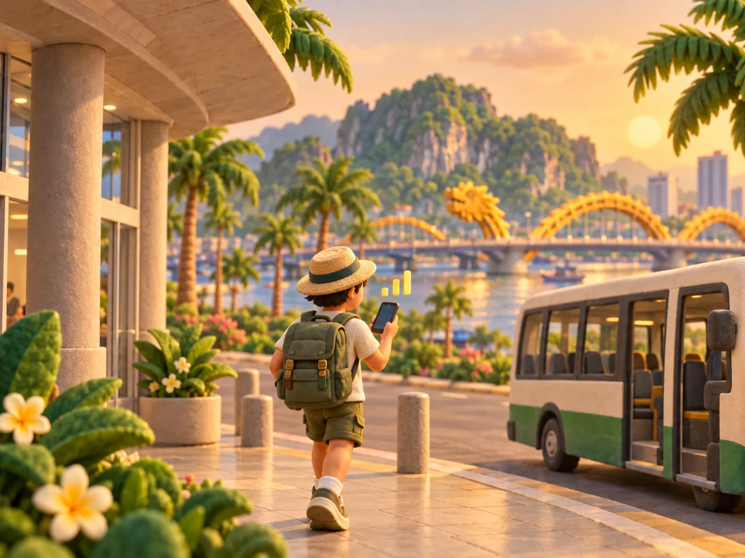 Illustration: a traveller walks out of the Da Nang terminal toward a shuttle bus, the Han River and the dragon bridge beyond.