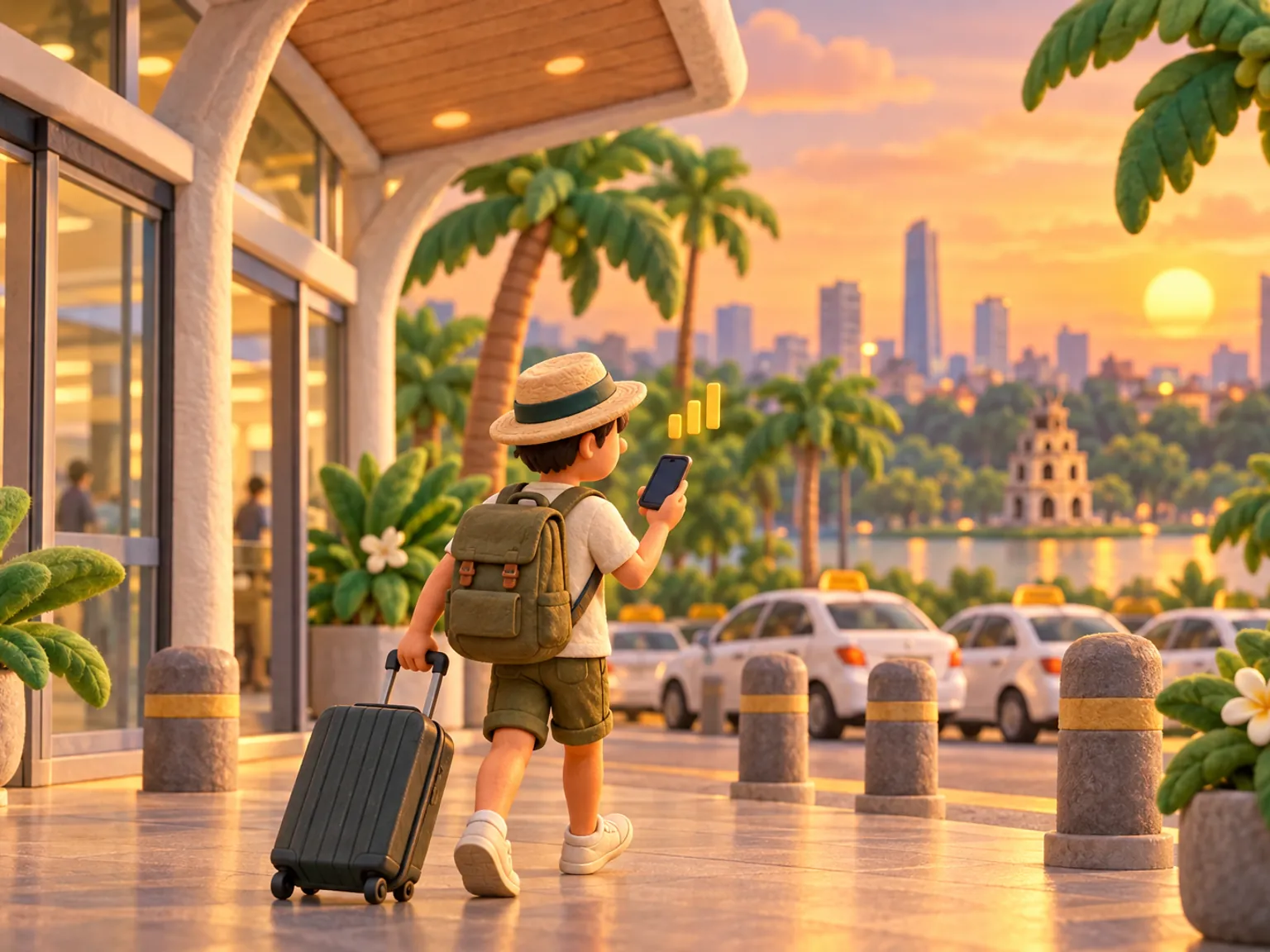 Illustration: a traveller steps out of the Noi Bai terminal at dusk, palm trees and white taxis ahead.