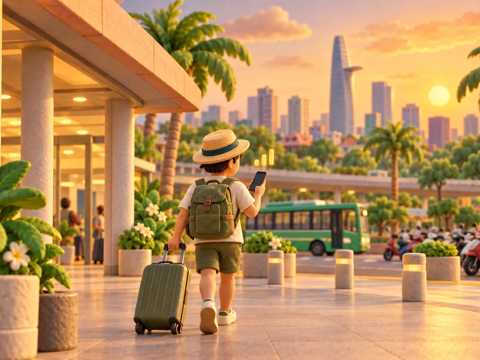 Illustration: a traveller steps out of the Tan Son Nhat terminal with a suitcase, a green bus and scooters on the road.