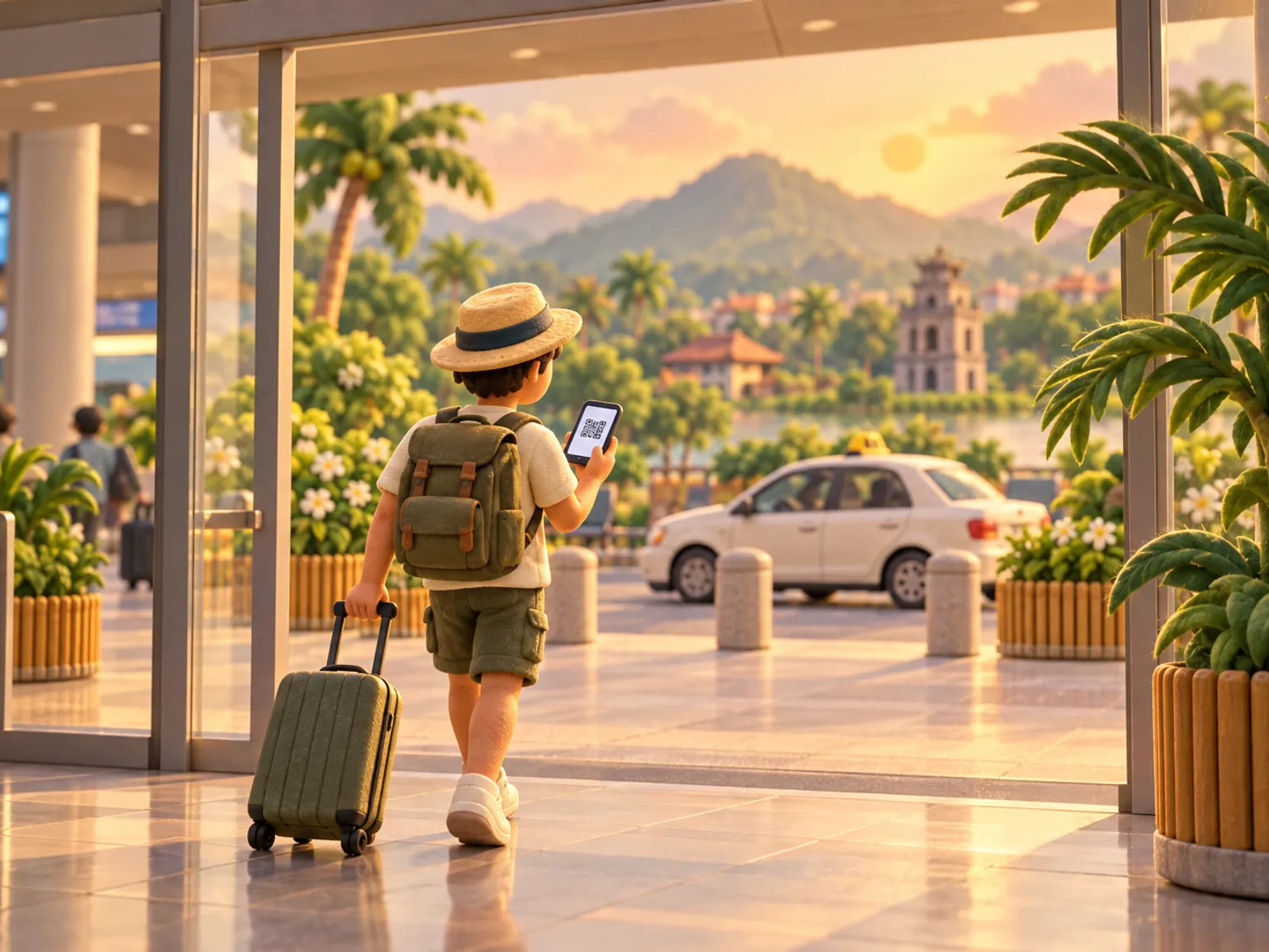 Illustration: a traveller with a suitcase walks out of a Hanoi arrivals hall, phone in hand.