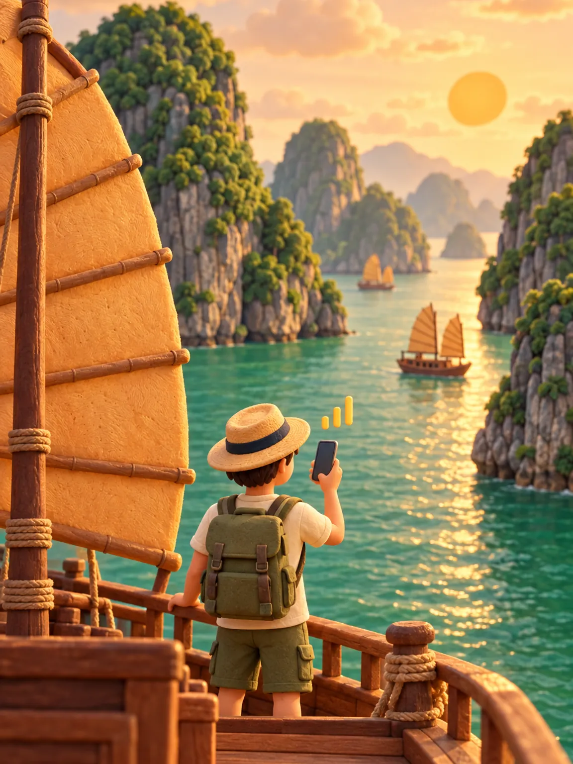 Illustration of a wooden boat among the limestone islands of Ha Long Bay.