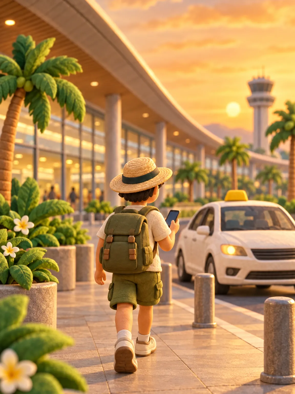 Illustration of the Noi Bai terminal at dusk, a taxi waiting under palm trees.