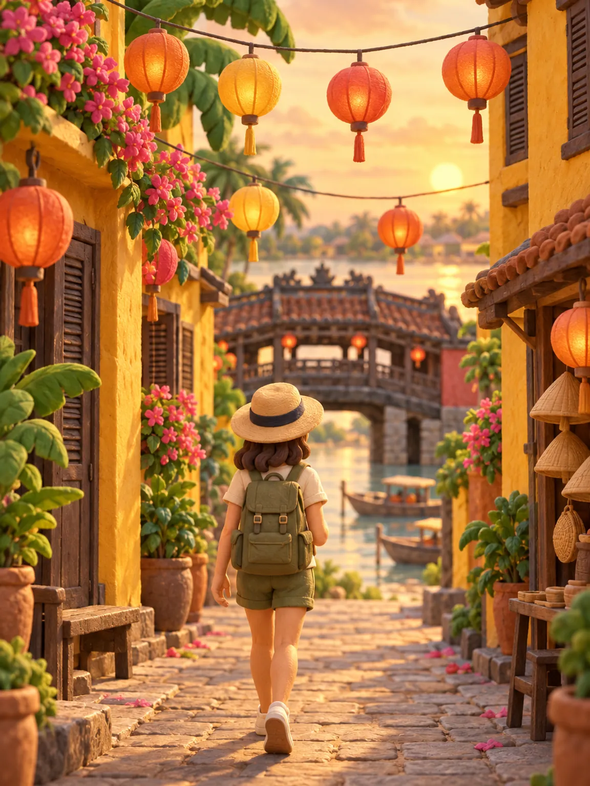 Illustration of silk lanterns over a Hoi An lane beside the Thu Bon River.