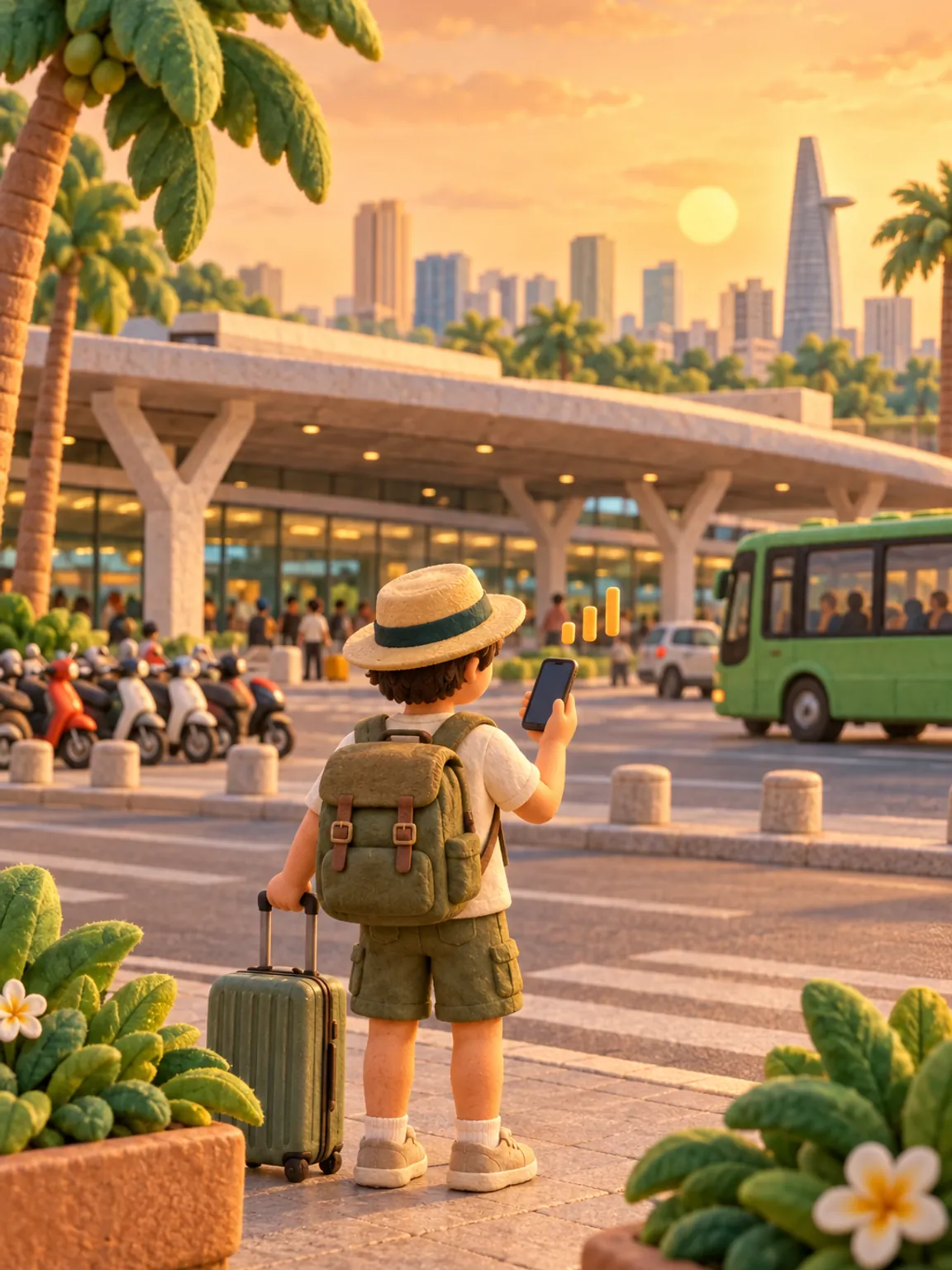 Illustration of the Tan Son Nhat terminal, scooters and a bus on the road outside.