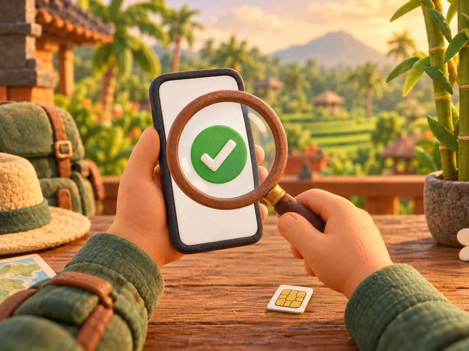 Illustration: a magnifying glass hovers over a phone held in two hands, green tick on the display.