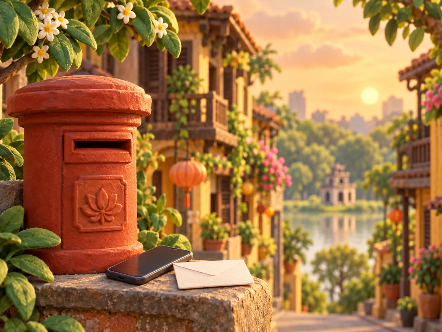 Illustration: a letterbox on a quiet Hanoi street, a phone and an envelope on a ledge beside it.