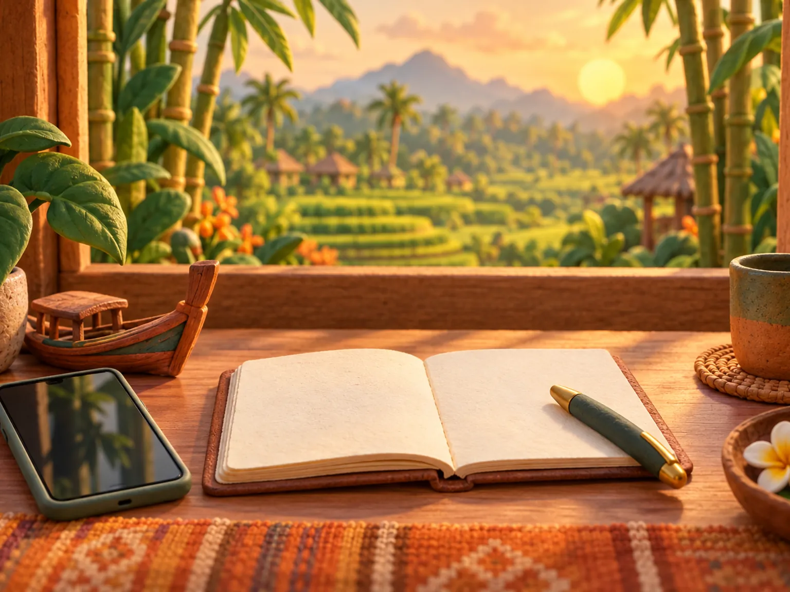 Illustration: a notebook with blank pages, a pen and a phone on a desk beside a tiny carved wooden boat.