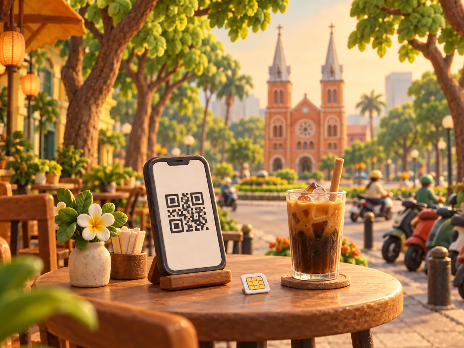 Illustration: a phone showing a QR code beside a plastic SIM card on a café table in Ho Chi Minh City.