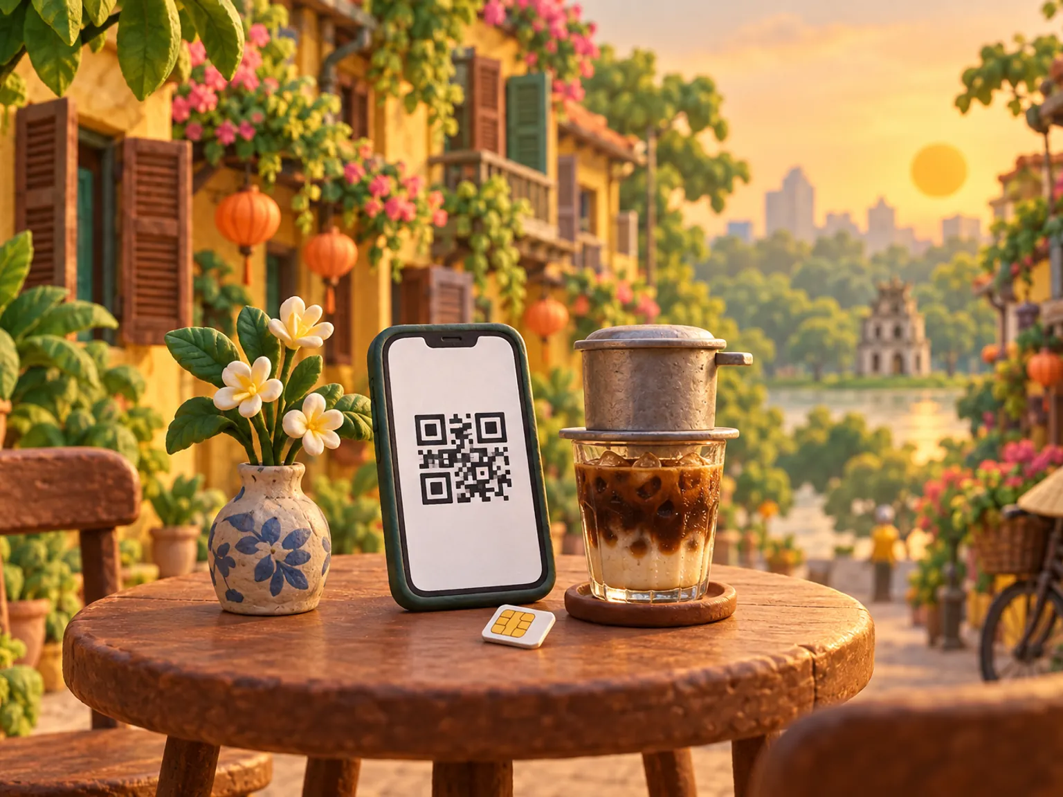 Illustration: a phone showing a QR code on a café table in Hanoi, beside an iced coffee and a small SIM card.