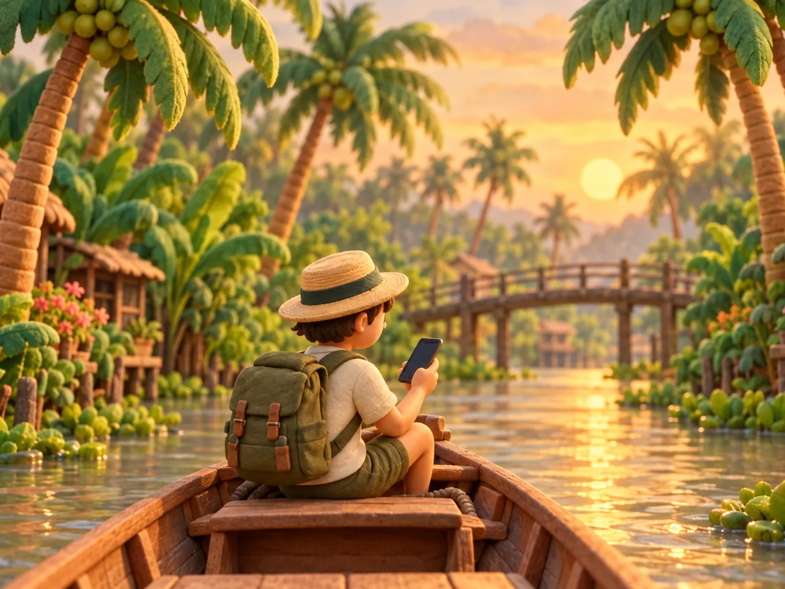 Illustration: a traveller reads a phone in the bow of a wooden sampan on a palm-lined Mekong canal.