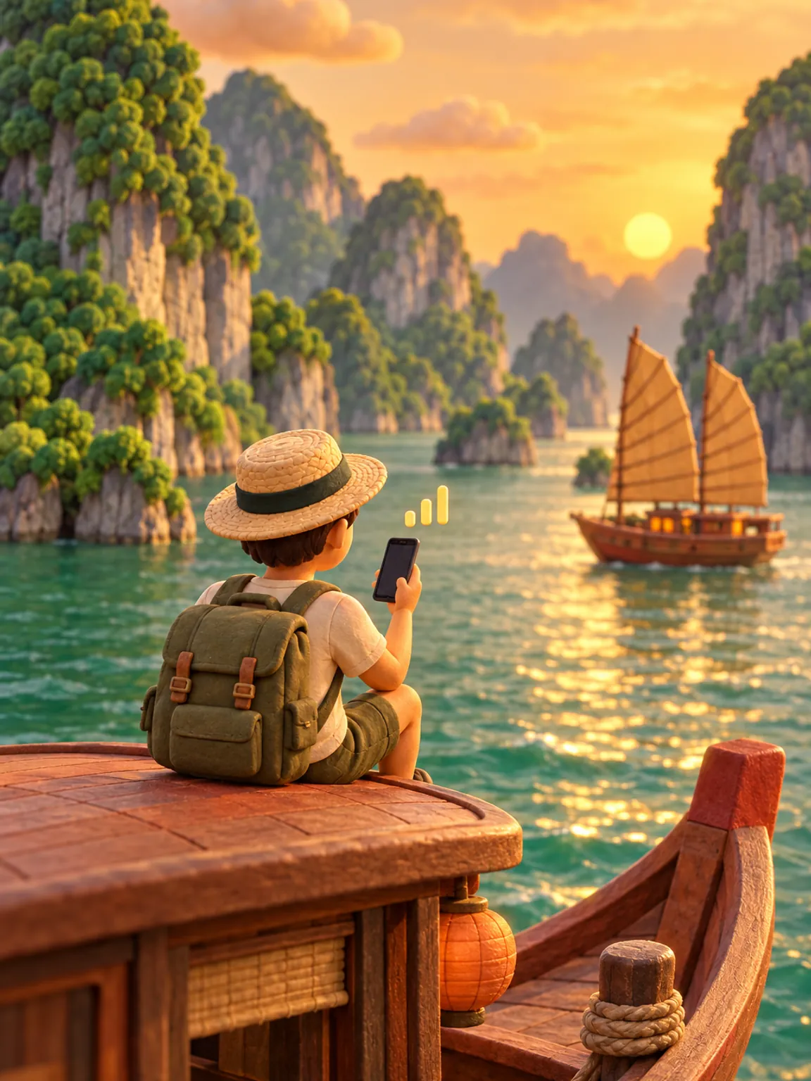 Illustration: a traveller on a wooden boat among limestone islands holds up a phone.
