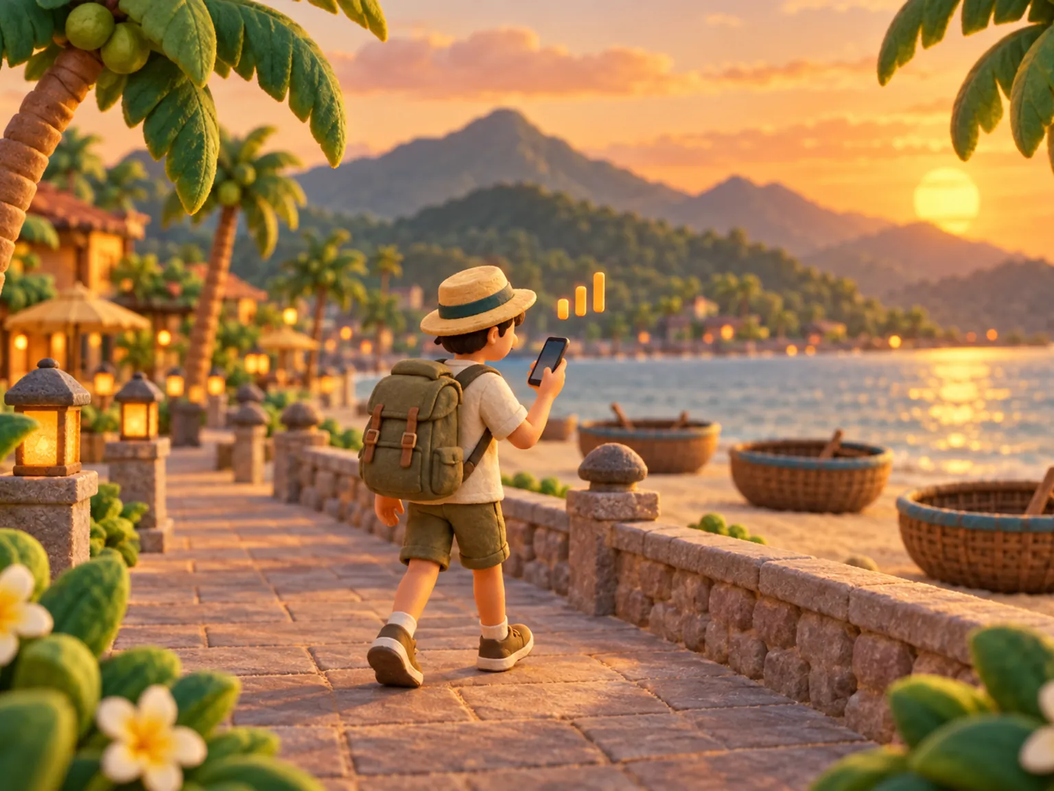 Illustration: a traveller walks a seafront promenade at dusk, basket boats resting on the sand.