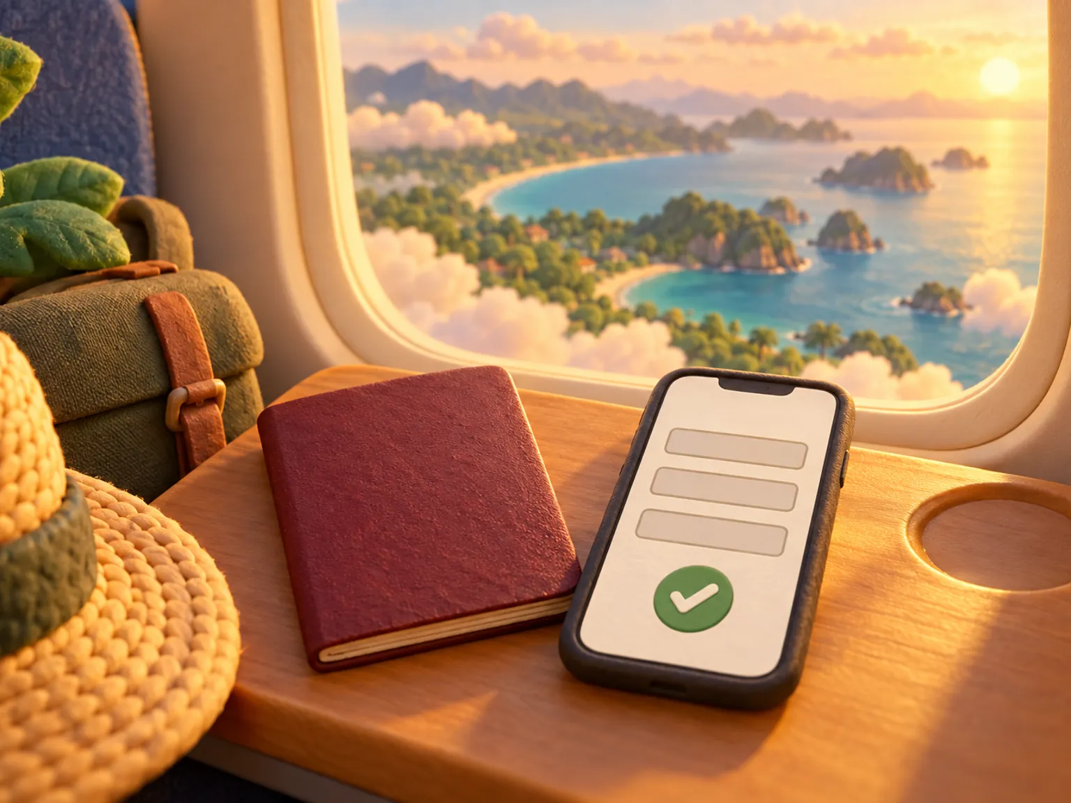 Illustration: a passport and a phone showing a simple form beside an aircraft window, a coastline below.