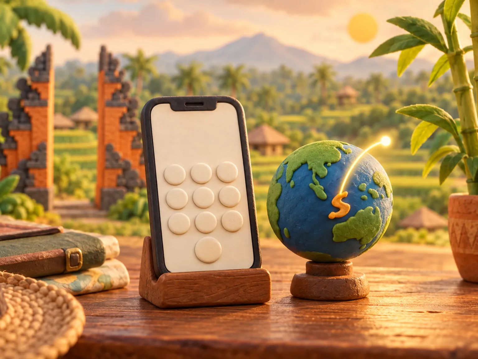 Illustration: a phone keypad on a wooden table beside a small globe, a glowing arc rising from a tiny S-shaped country.