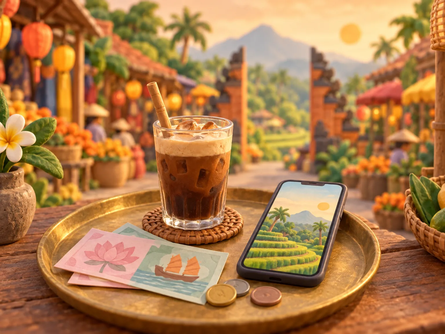 Illustration: paper banknotes beside a glass of iced coffee on a brass tray, a market lane behind.
