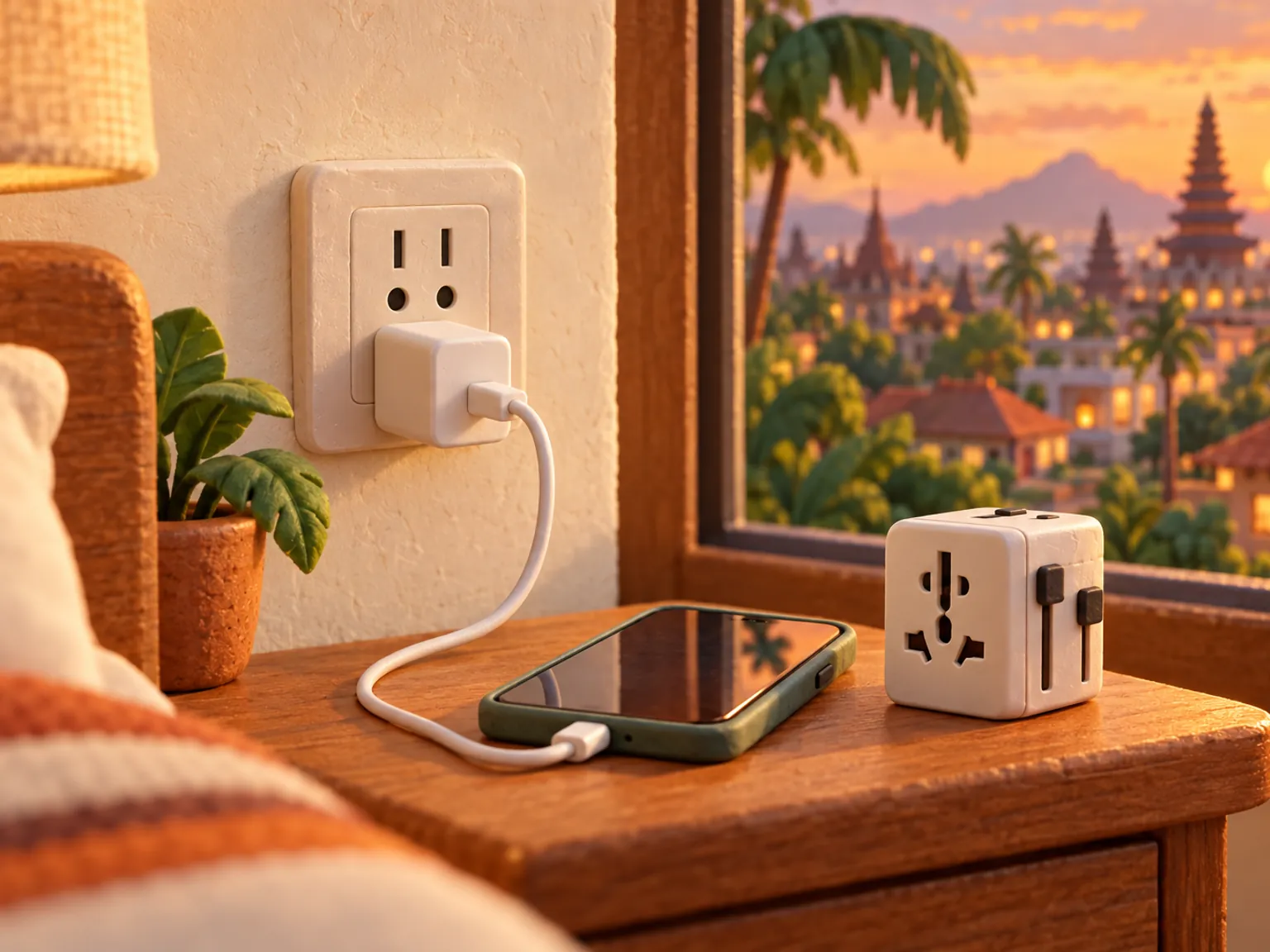 Illustration: a wall socket with a phone charging from a plain plug, a travel adapter on a bedside table.