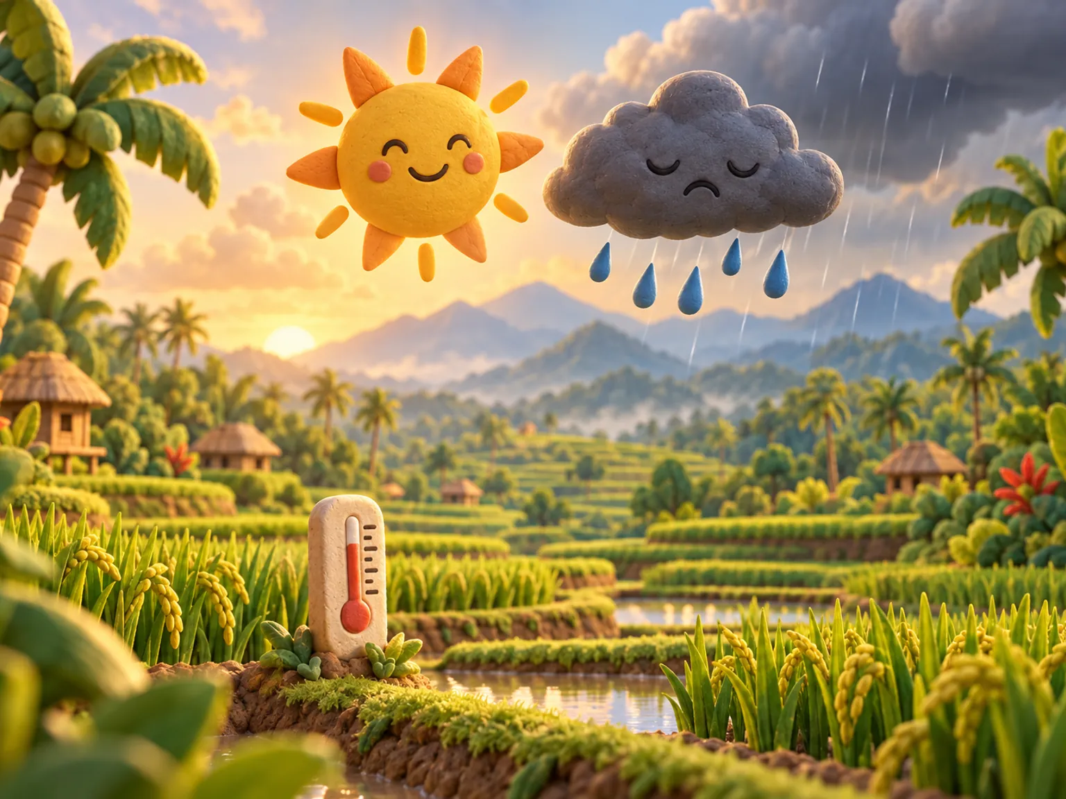 Illustration: a sun and a rain cloud over terraced rice fields, a thermometer planted in a paddy bank.