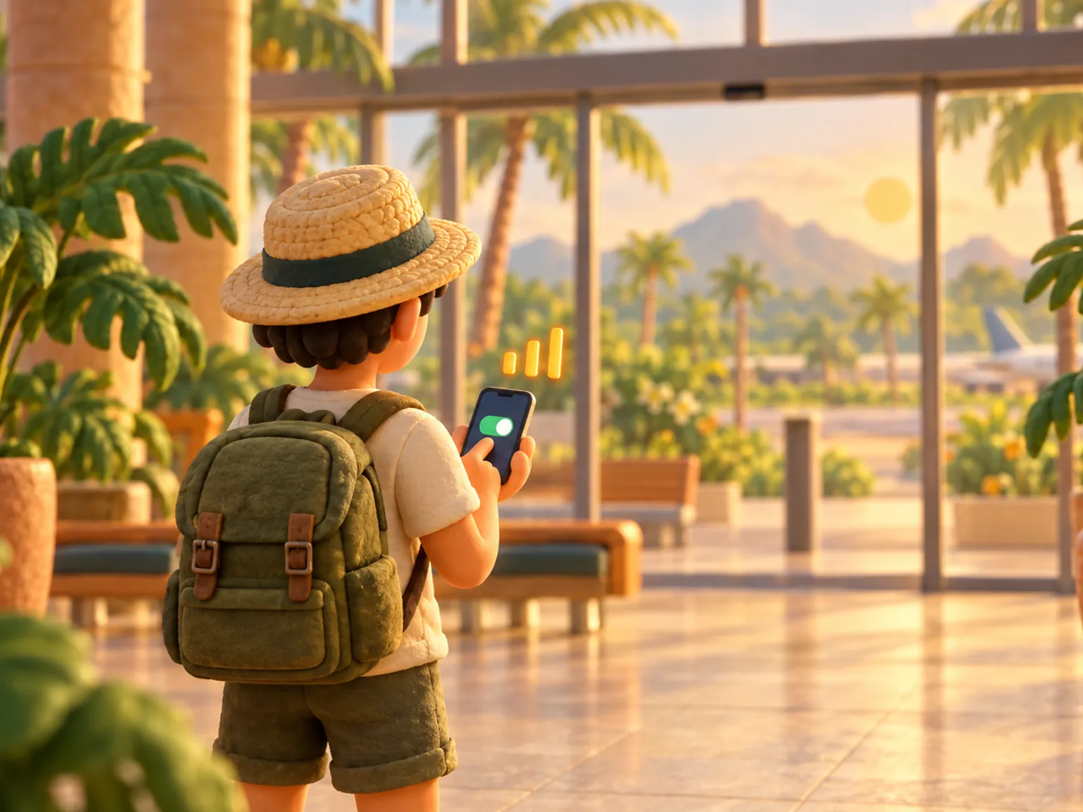 Illustration: a traveller in an arrivals hall switches a toggle on a phone, glass doors and palms behind.