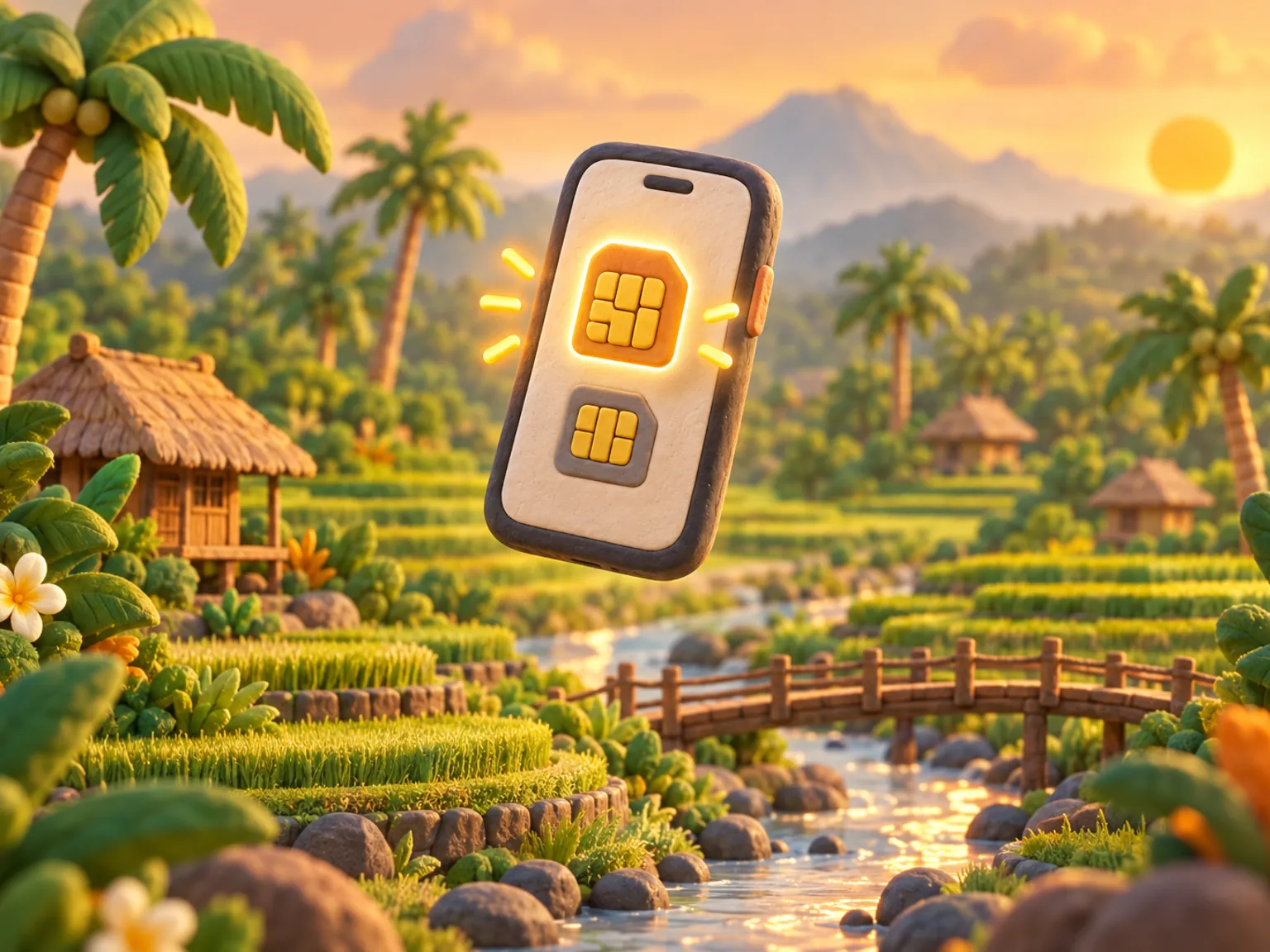 Illustration: a phone with two SIM lines on screen, one glowing, above a river valley of rice paddies.