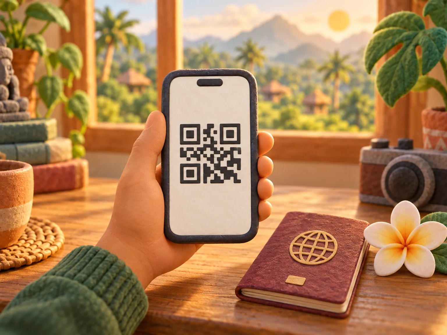Illustration: a hand holds a phone showing a QR code over a wooden table at home, a passport and a lotus flower beside it.
