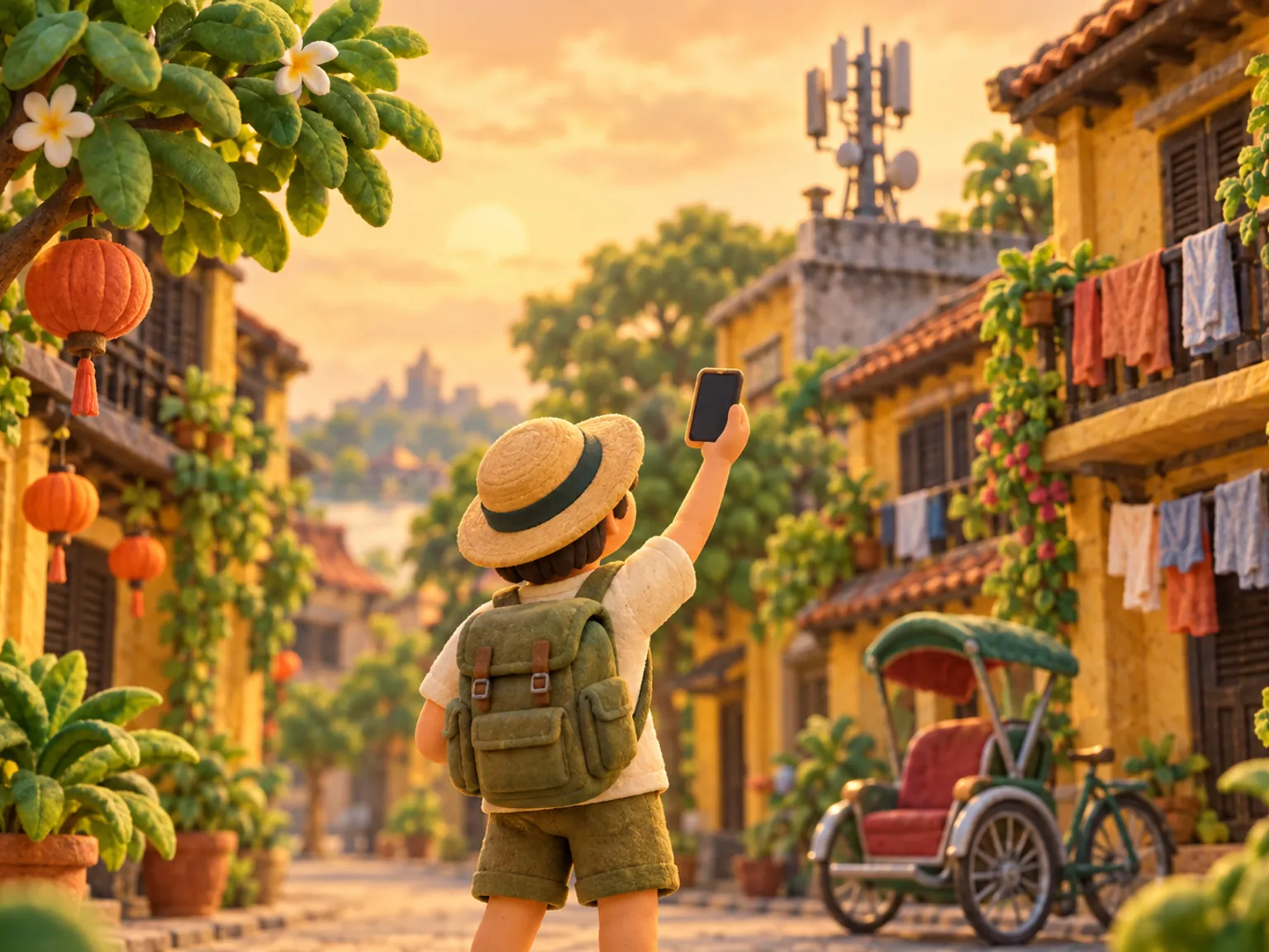 Illustration: a traveller on a Hanoi street holds a phone up toward a rooftop signal tower.