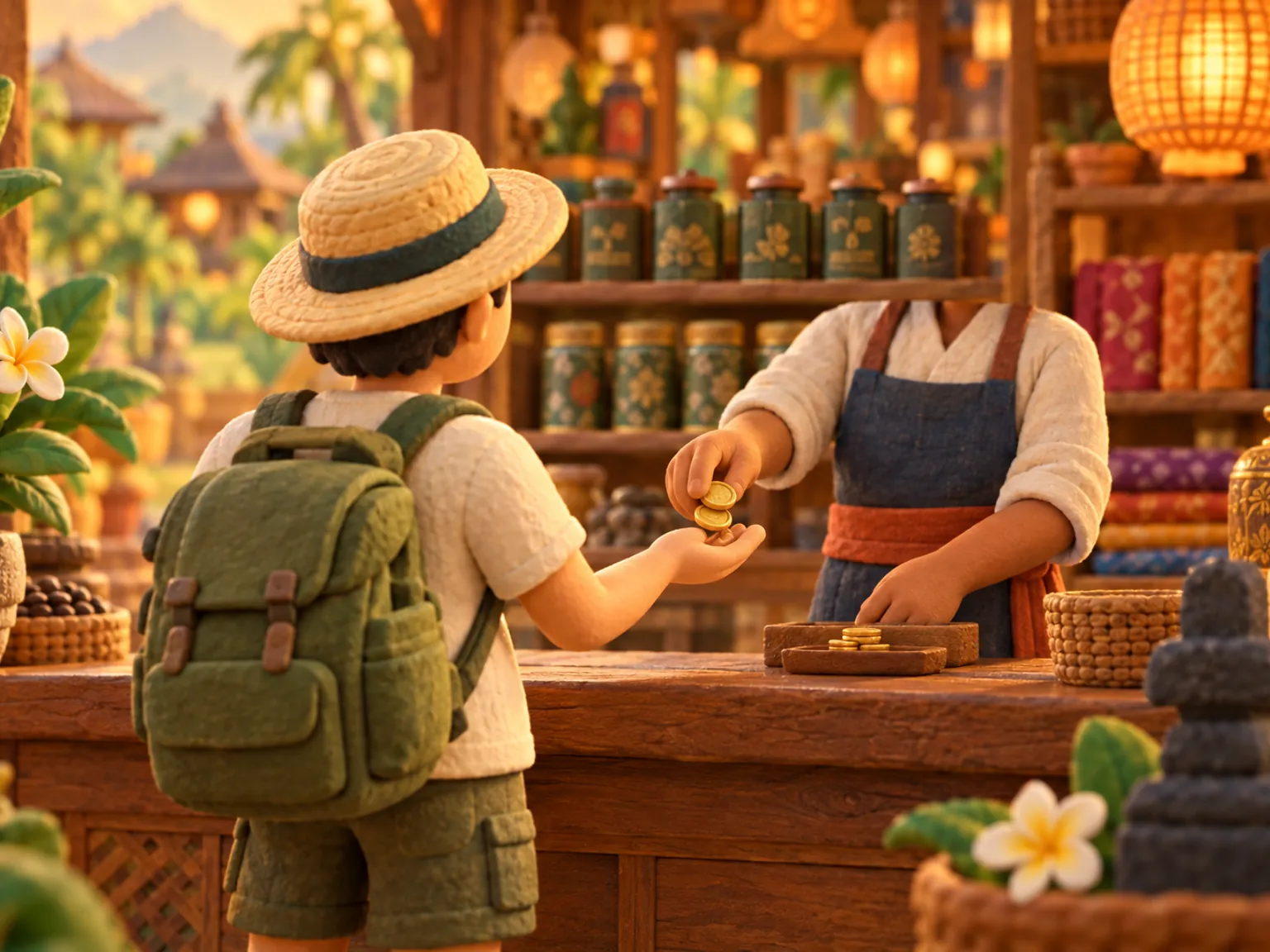 Illustration: a shopkeeper hands coins across a wooden counter to a traveller, shelves of coffee tins behind.