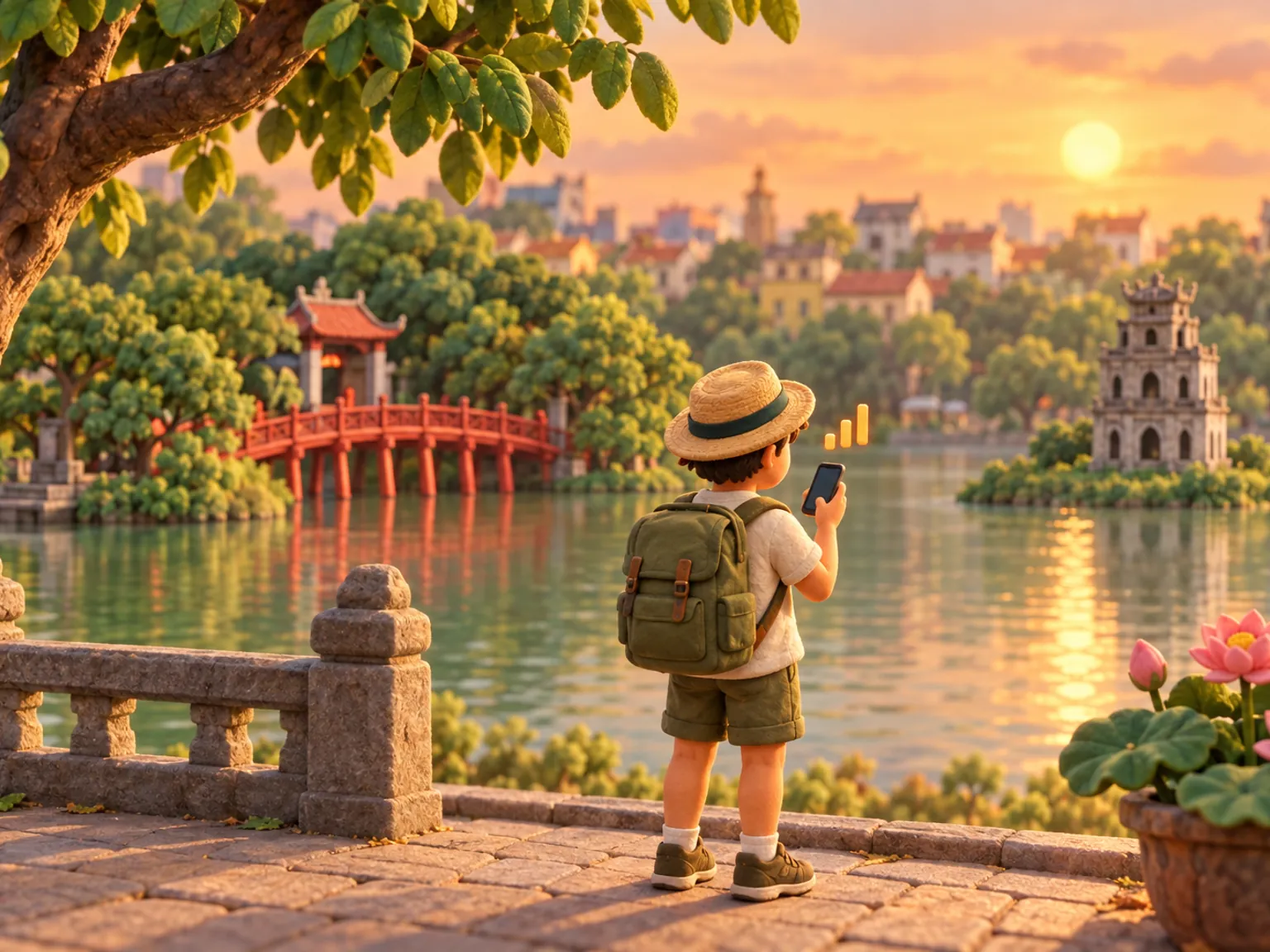 Illustration: a traveller by Hoan Kiem Lake in Hanoi checks a phone, the red Huc Bridge behind.