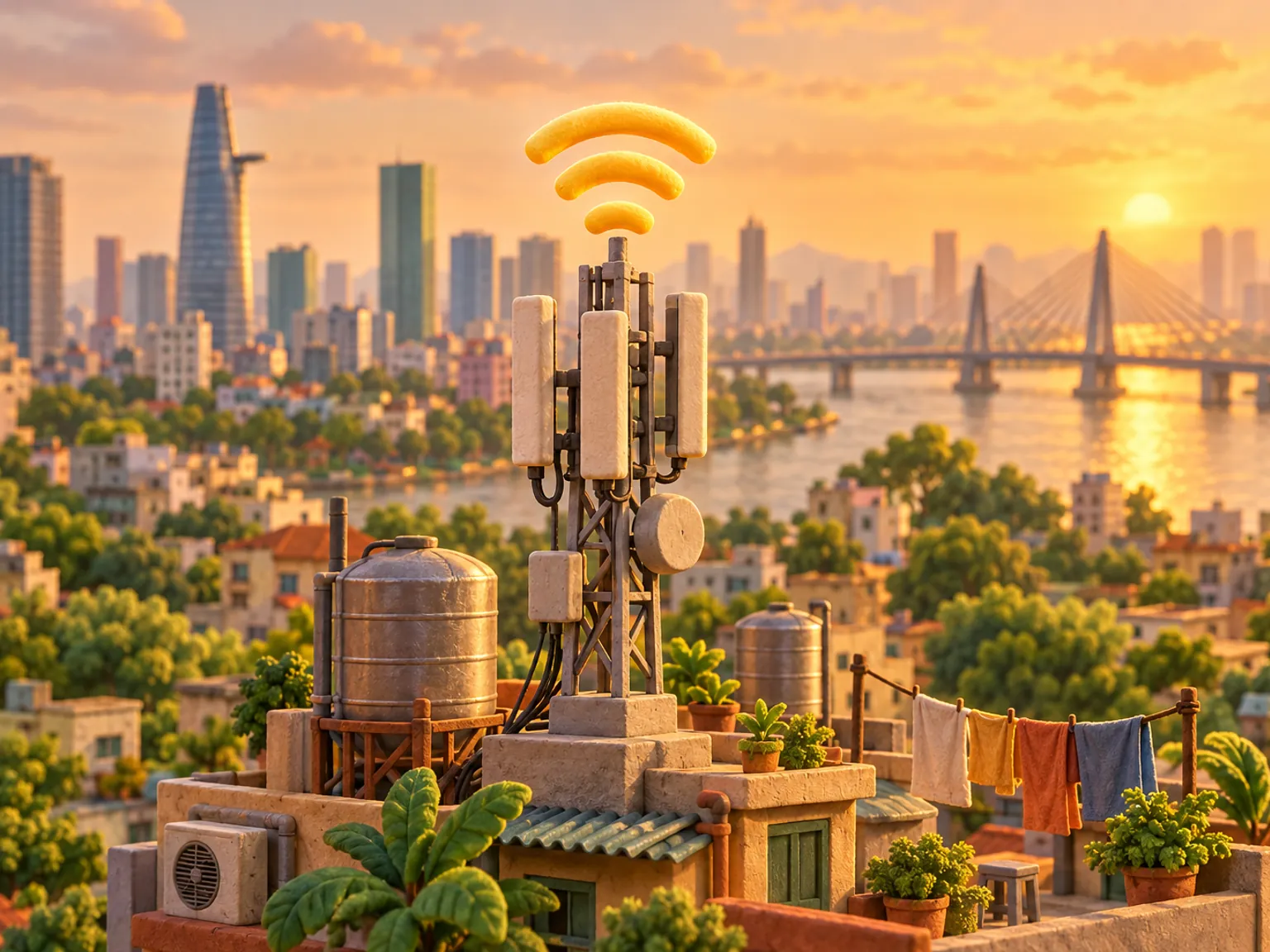 Illustration: a signal tower on a rooftop in Ho Chi Minh City at golden hour, a river and a bridge beyond.