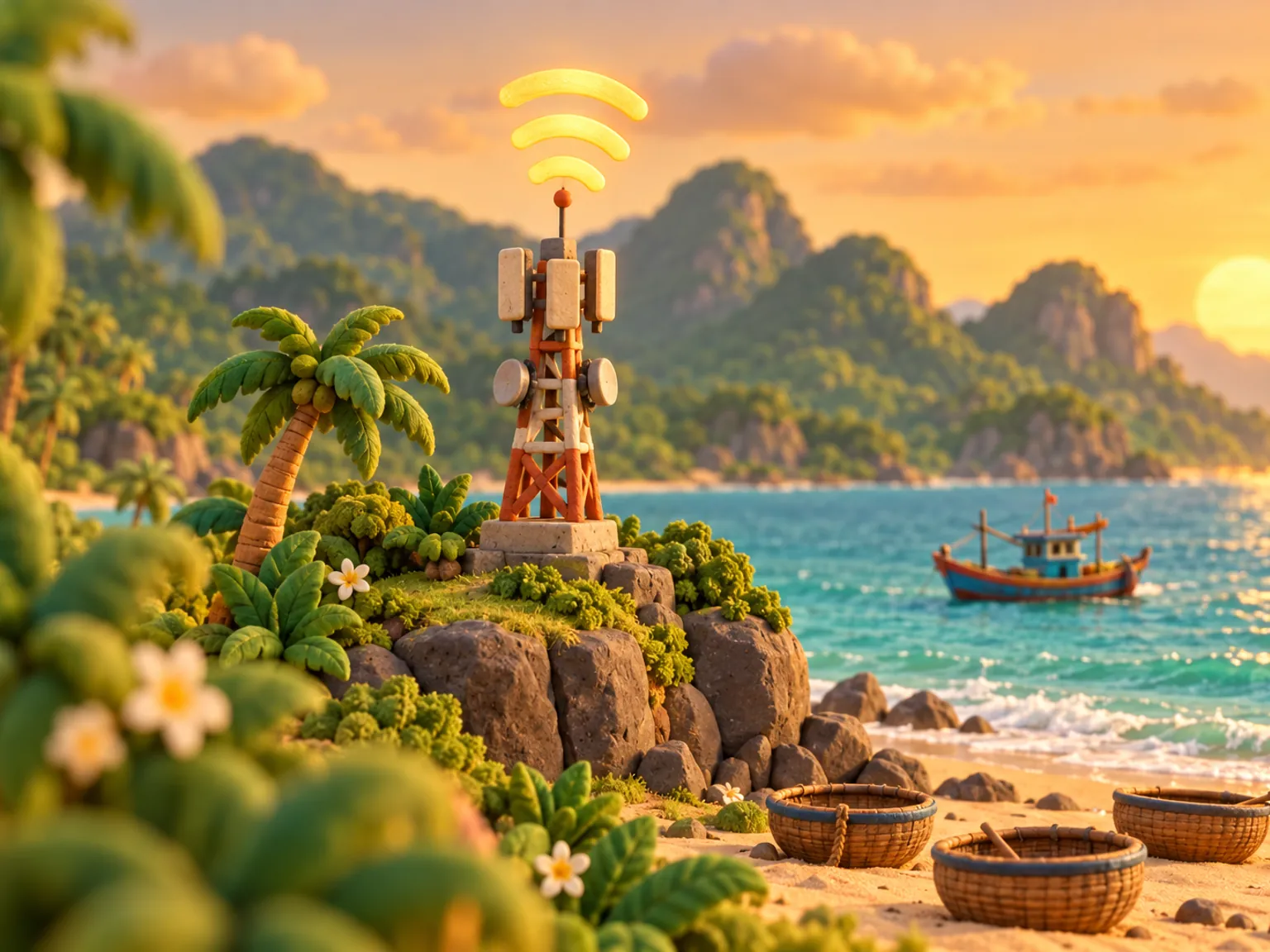 Illustration: a signal tower on a low cliff above a wide beach, round basket boats on the sand below.