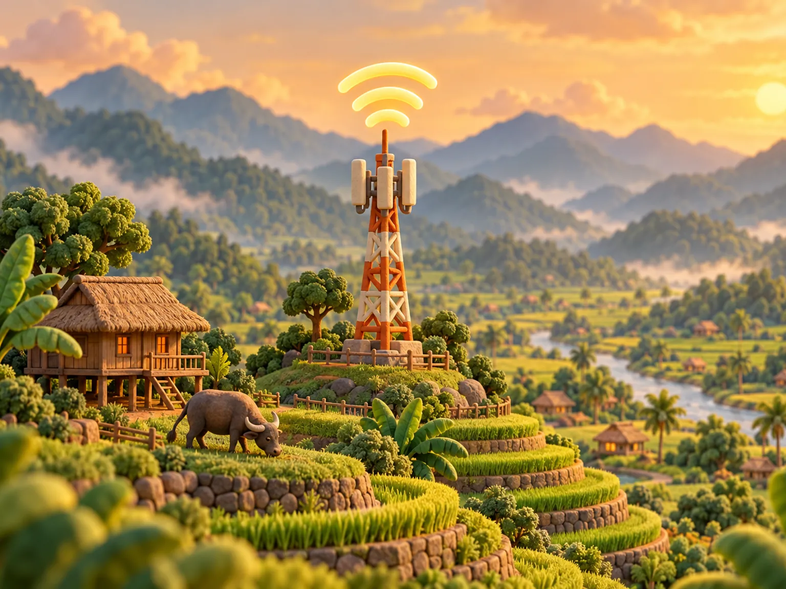 Illustration: a signal tower on a hill above rice terraces in the northern highlands, a stilt house and a water buffalo below.
