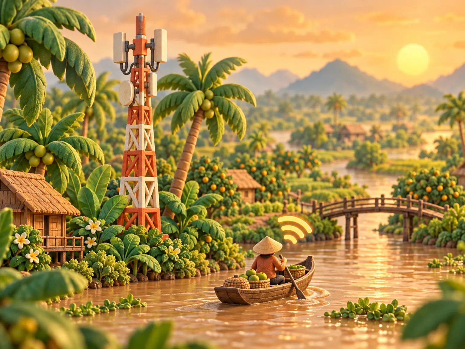 Illustration: a signal tower among coconut palms beside a Mekong canal, a wooden sampan on the brown water.