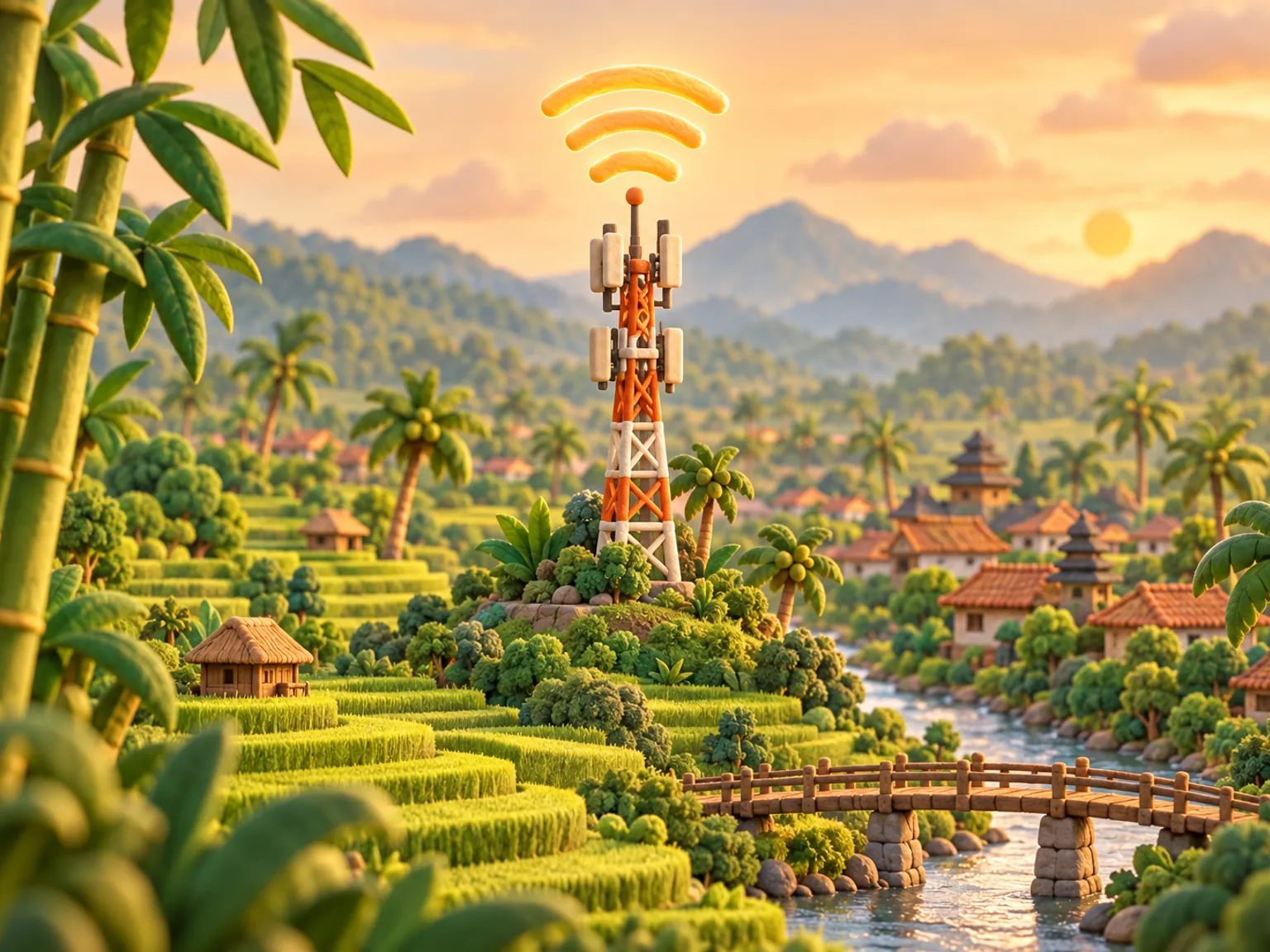Illustration: a signal tower above a green river valley with rice paddies and a wooden bridge, bamboo at the left.