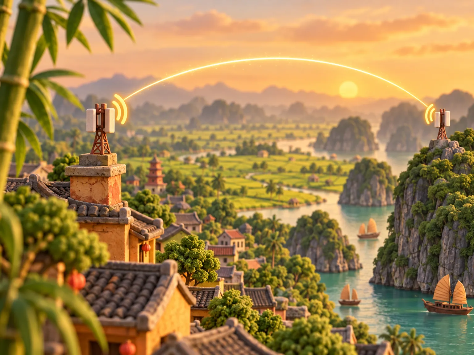 Illustration: two signal masts, one over Hanoi’s rooftops and one above the limestone islands of Ha Long Bay.