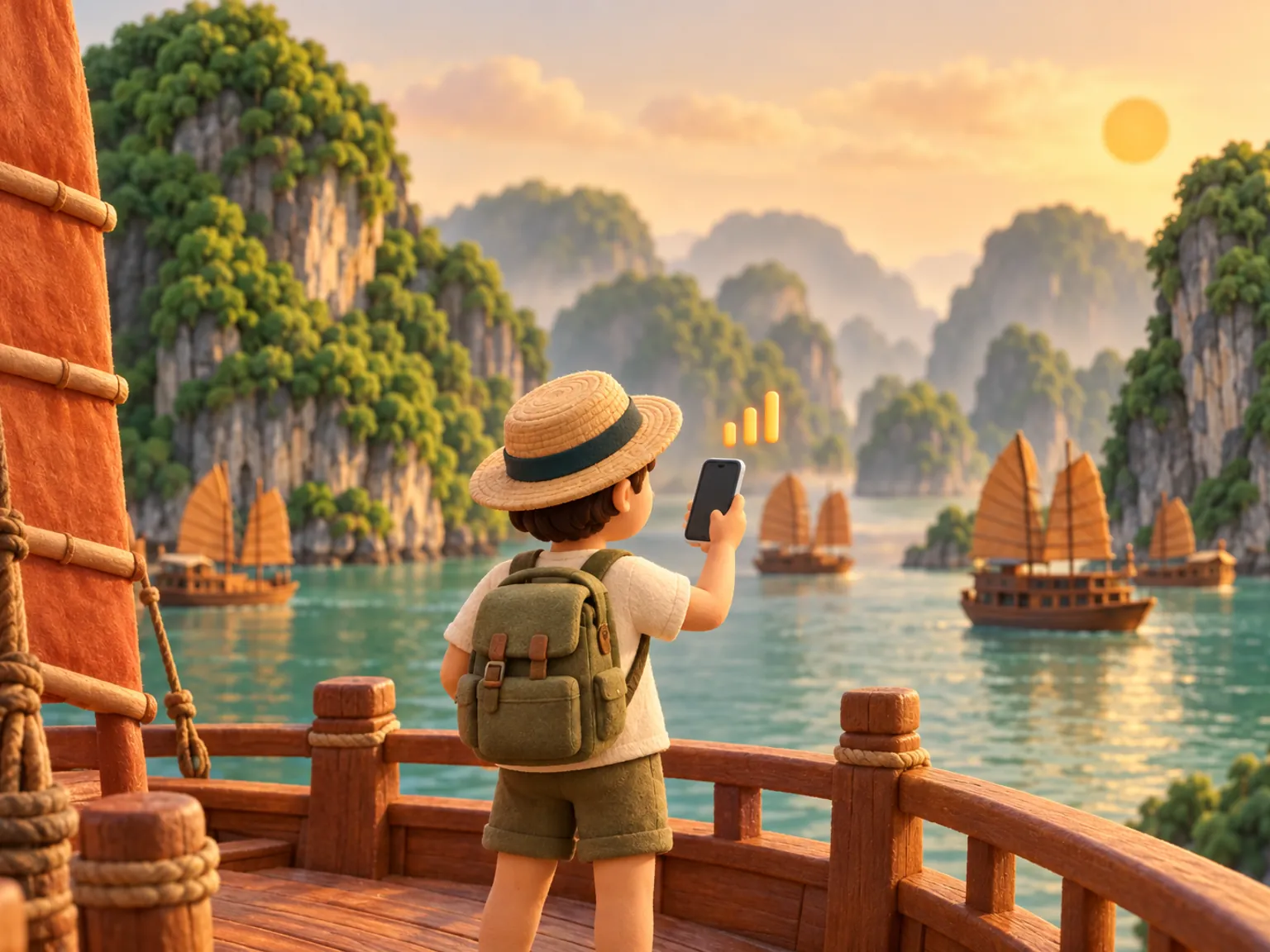 Illustration: a traveller on the sundeck of a wooden junk between the limestone islands of Ha Long Bay, moored junks behind.
