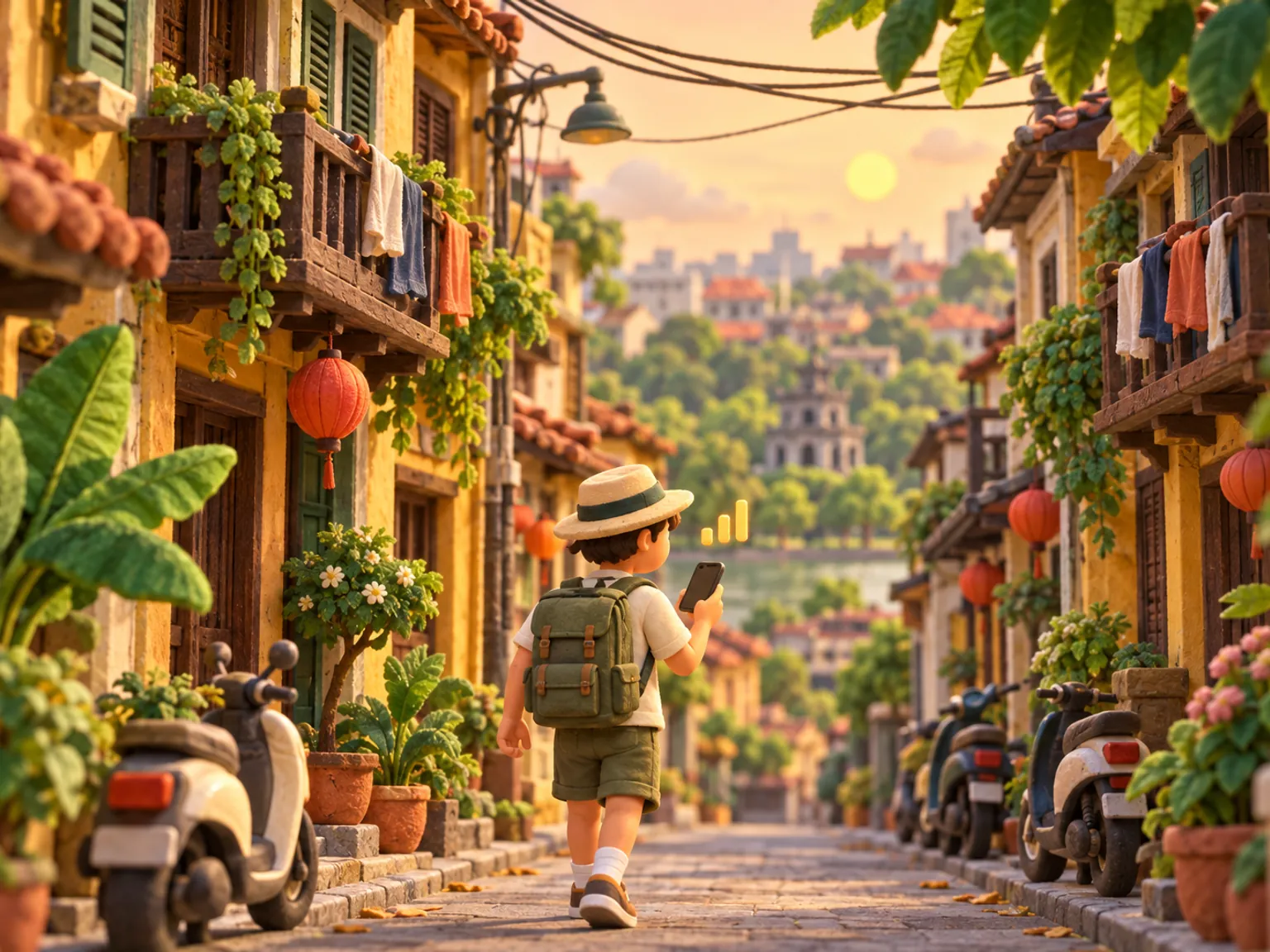 Illustration: a traveller walks an Old Quarter lane in Hanoi, tube houses and scooters under crossing cables.