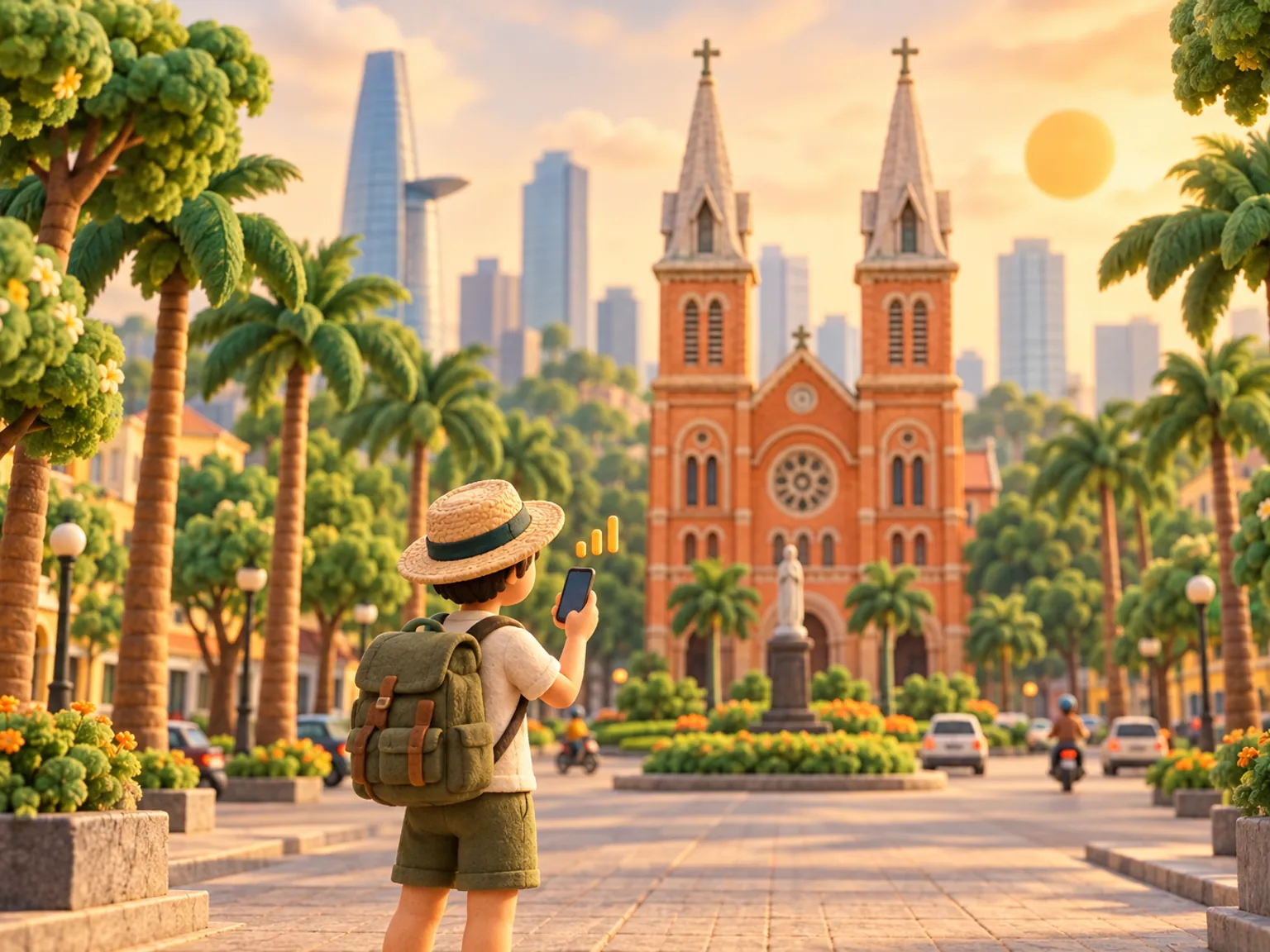 Illustration: a traveller on a tree-lined boulevard in Ho Chi Minh City, a red-brick cathedral with twin spires behind.