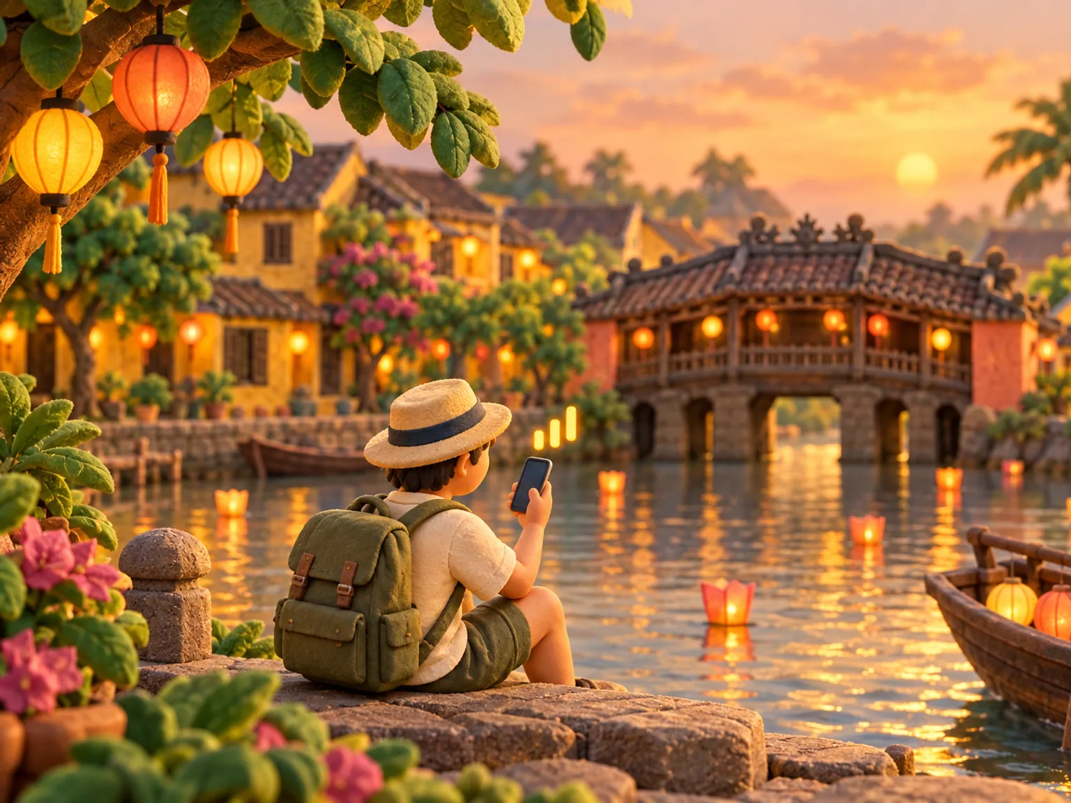 Illustration: a traveller on the bank of the Thu Bon River in Hoi An at dusk, a covered bridge and lantern light on the water.