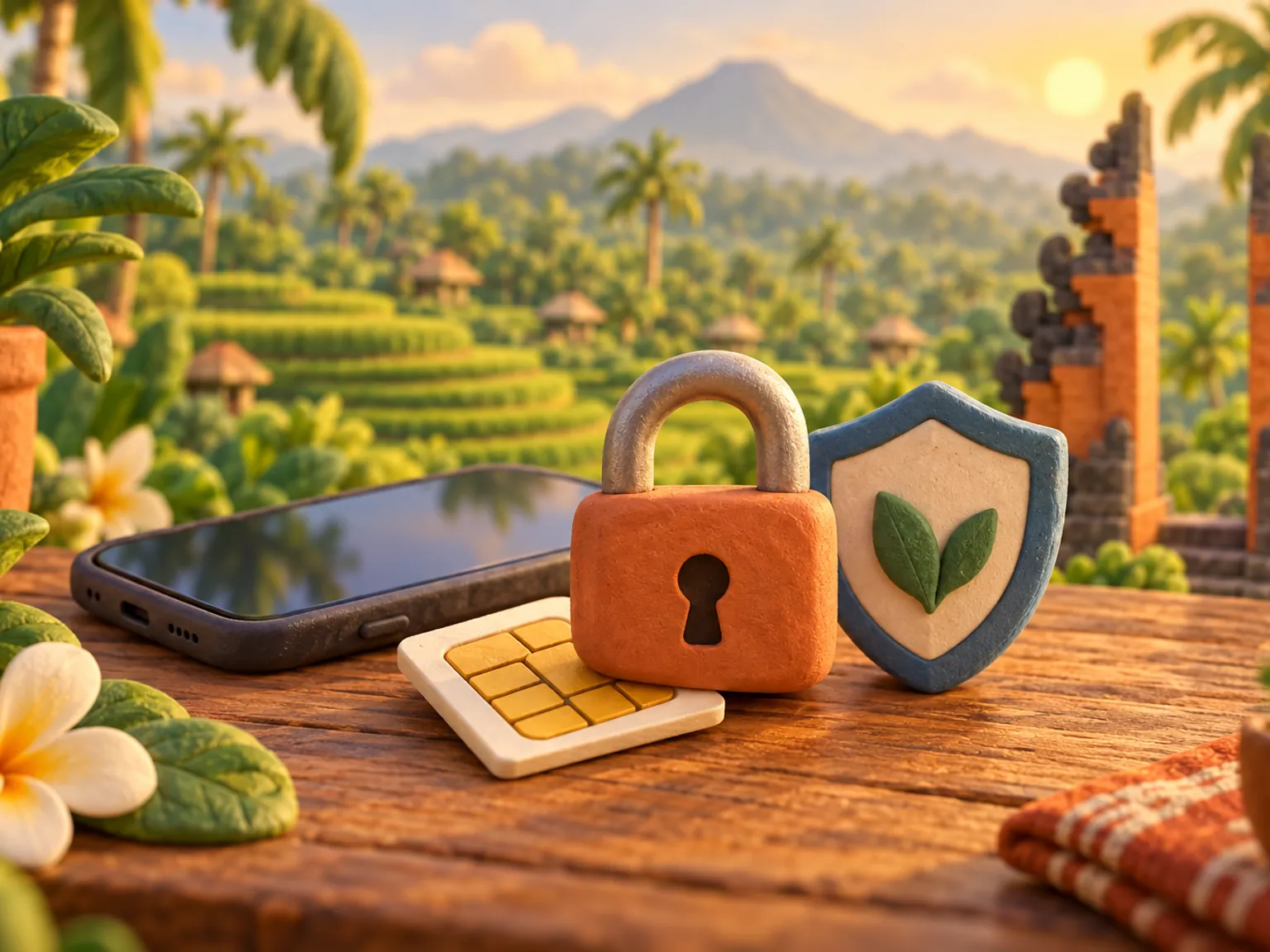 Illustration: a padlock resting on a SIM card beside a phone and a shield.