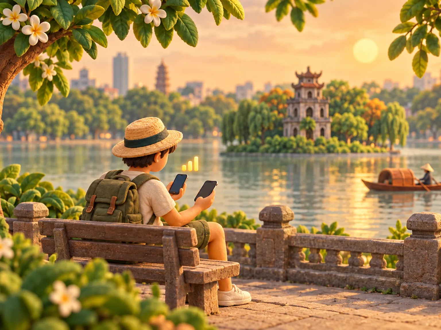 Illustration: a traveller on a bench beside West Lake in Hanoi compares two phones.