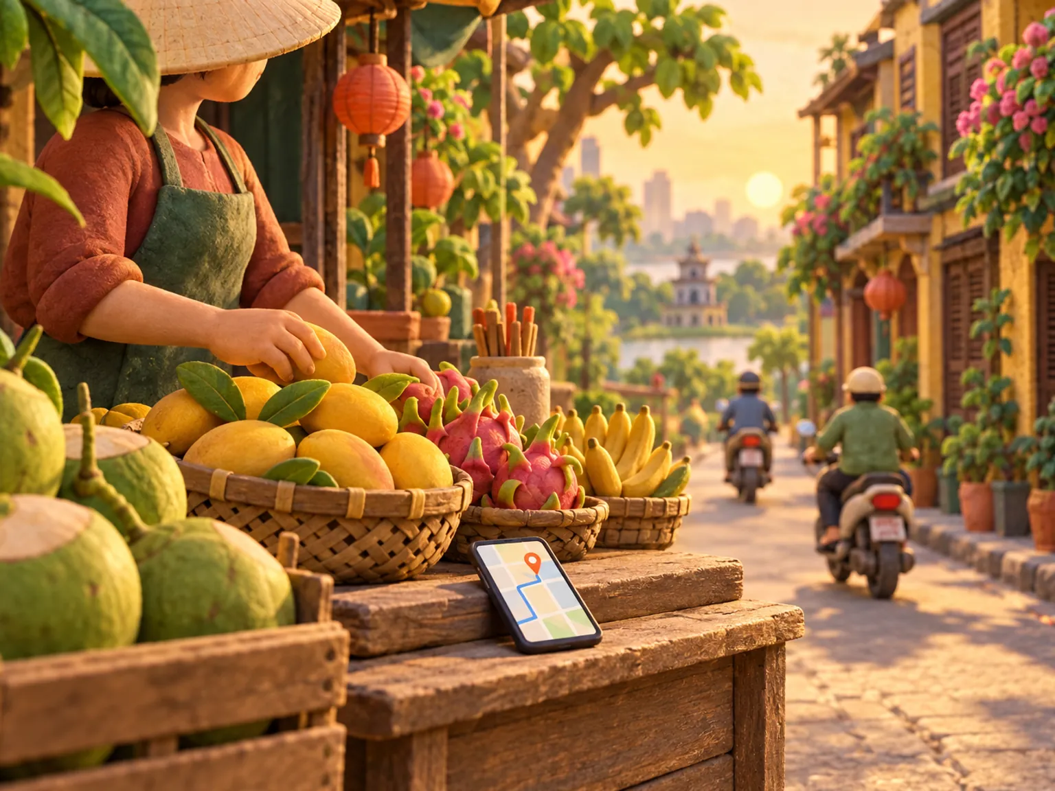 Illustration: a Hanoi street corner with a fruit stall, scooters passing and a phone showing a map.
