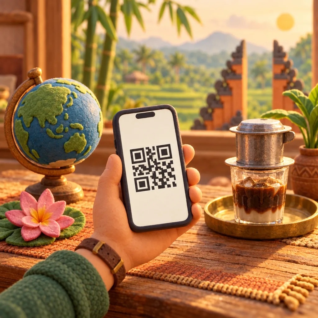 Illustration: a hand holds a phone showing a QR code beside a lotus flower and a small globe.