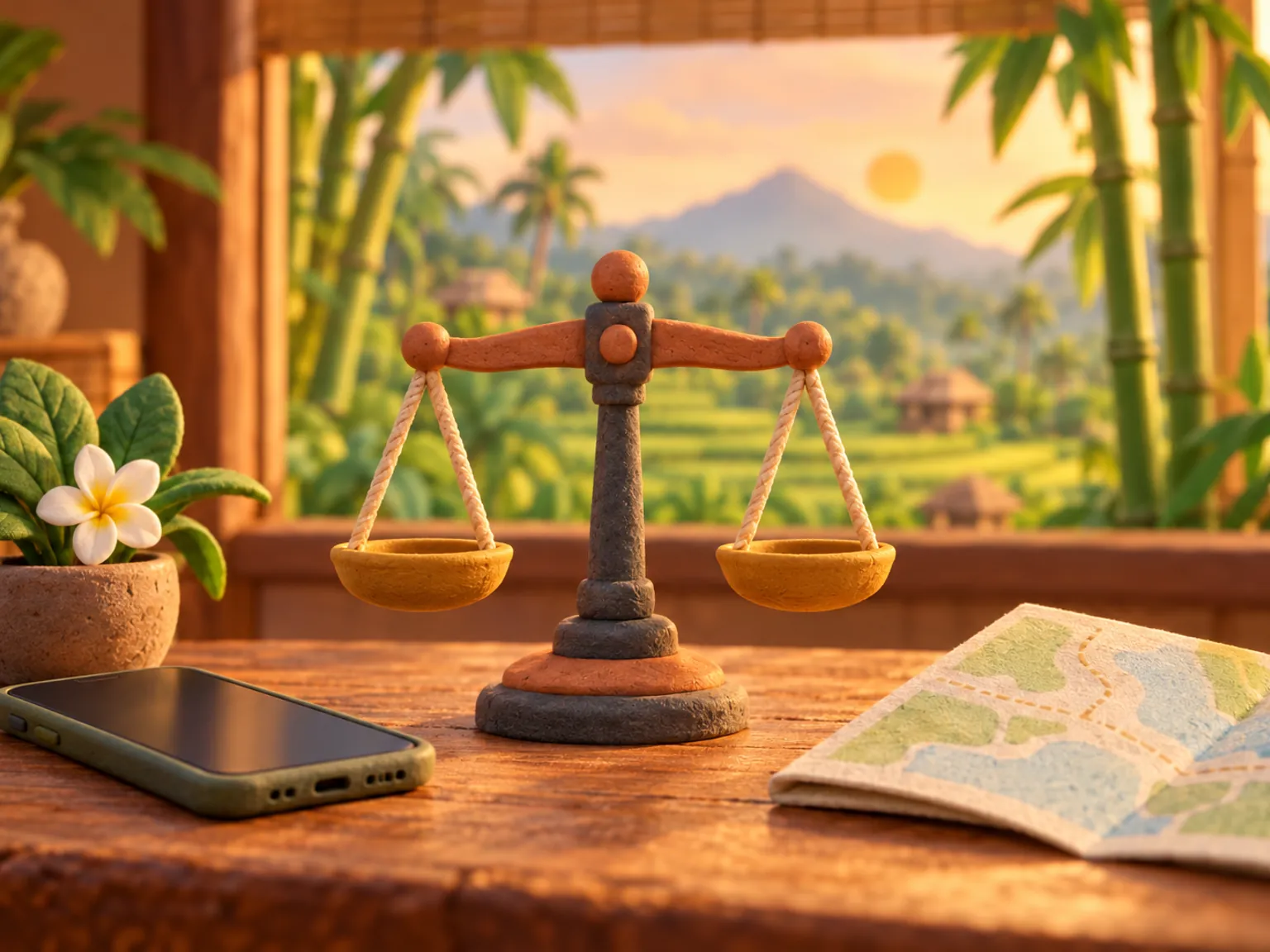 Illustration: a small balance scale on a wooden table beside a phone and a folded map.